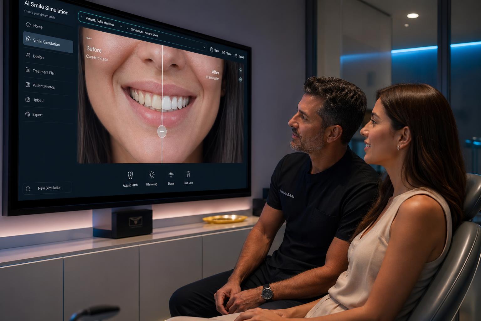 AI dental software generating a smile simulation while dentist and patient watch