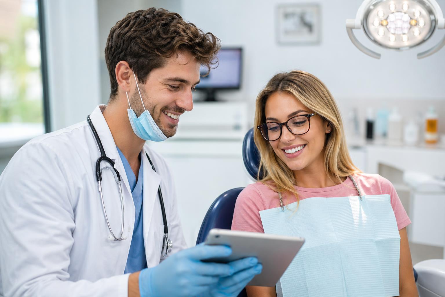 Dentist consulting with a patient using a tablet