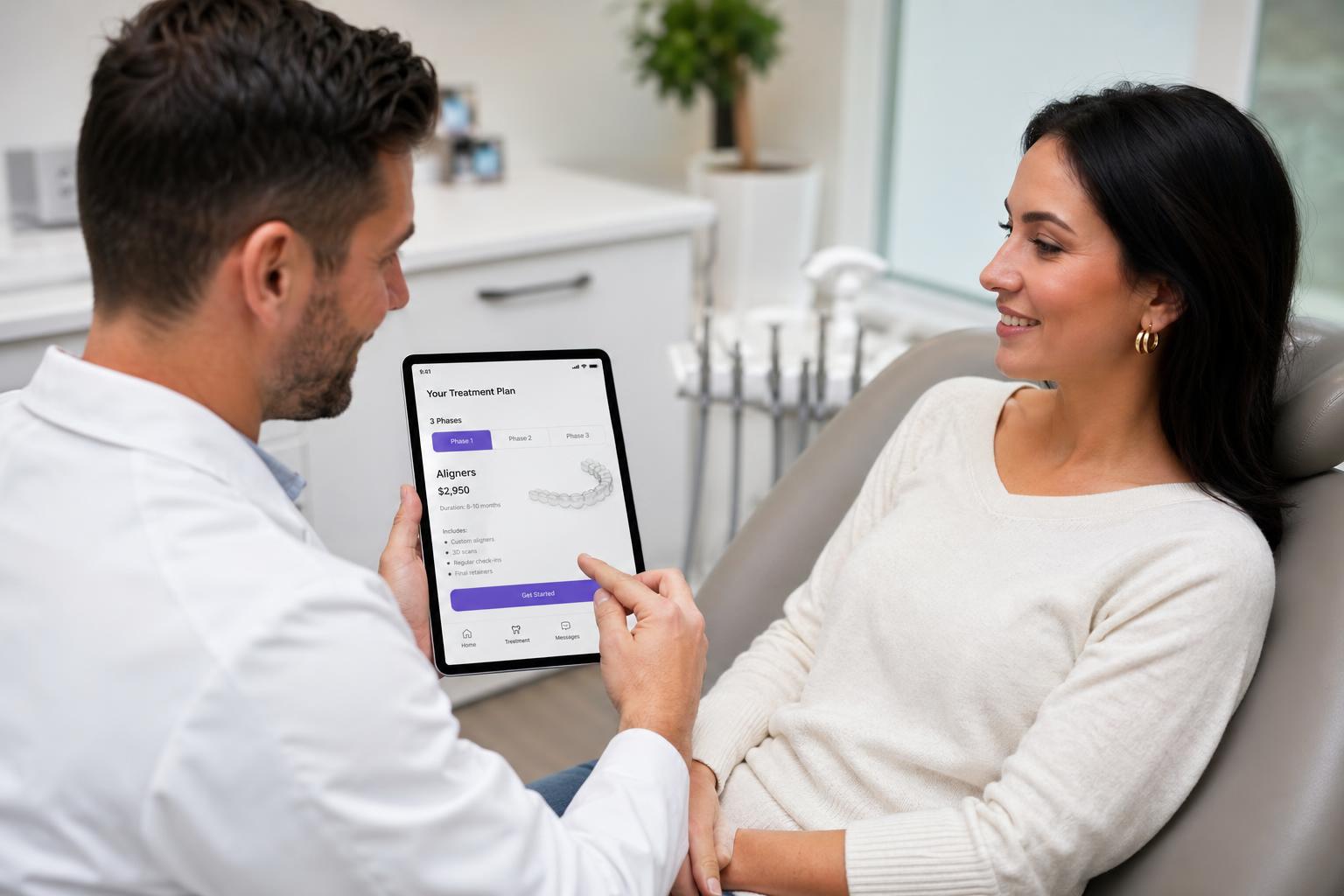 Dentist presenting digital treatment plan on a tablet to a patient