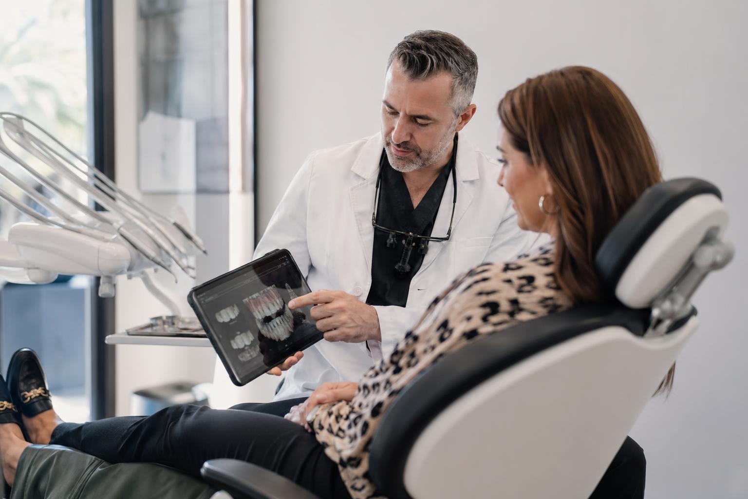 Dentist showing treatment plan on a tablet to a patient